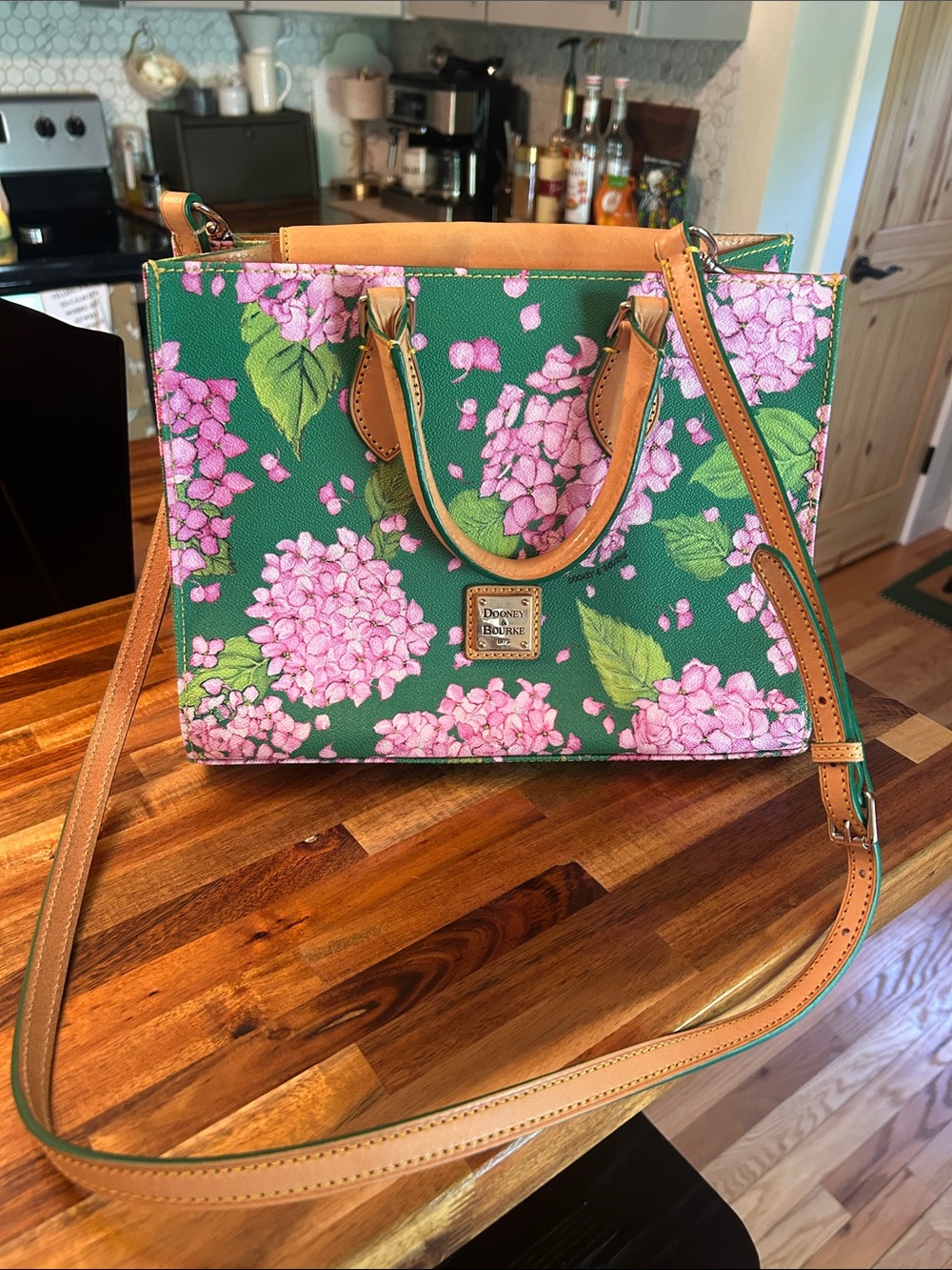 Dooney & Bourke Green Floral Crossbody Satchel with Pink Hydrangeas